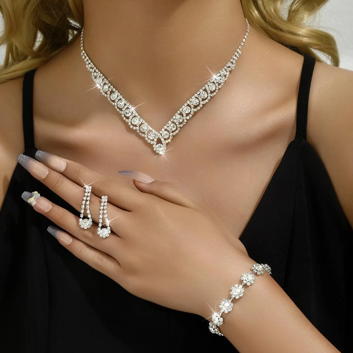 Prom Earrings Necklace Bracelet Set Elegant Crystal Necklace Earrings Bracelet Bridal Wedding Prom Costume Jewelry Sets for Women