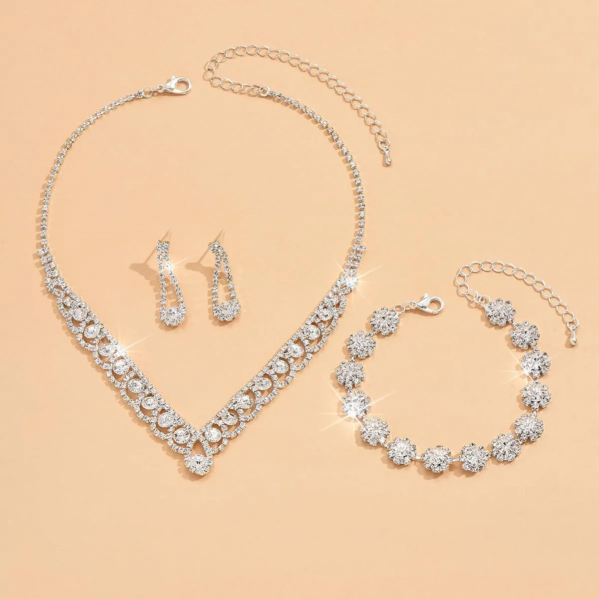 Prom Earrings Necklace Bracelet Set Elegant Crystal Necklace Earrings Bracelet Bridal Wedding Prom Costume Jewelry Sets for Women