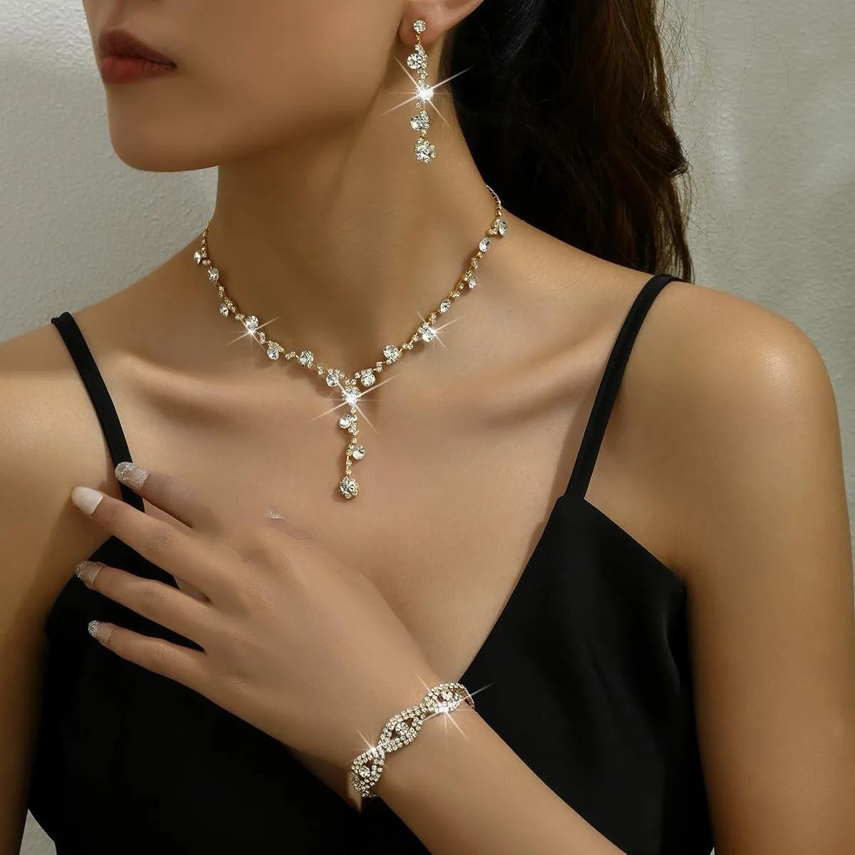 Prom Earrings Necklace Bracelet Set Elegant Crystal Necklace Earrings Bracelet Bridal Wedding Prom Costume Jewelry Sets for Women