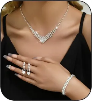 Prom Earrings Necklace Bracelet Set Elegant Crystal Necklace Earrings Bracelet Bridal Wedding Prom Costume Jewelry Sets for Women