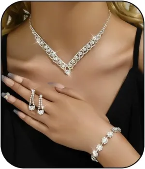 Prom Earrings Necklace Bracelet Set Elegant Crystal Necklace Earrings Bracelet Bridal Wedding Prom Costume Jewelry Sets for Women