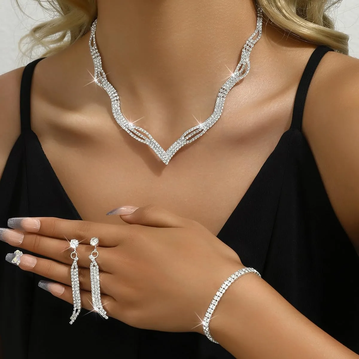 Prom Earrings Necklace Bracelet Set Elegant Crystal Necklace Earrings Bracelet Bridal Wedding Prom Costume Jewelry Sets for Women