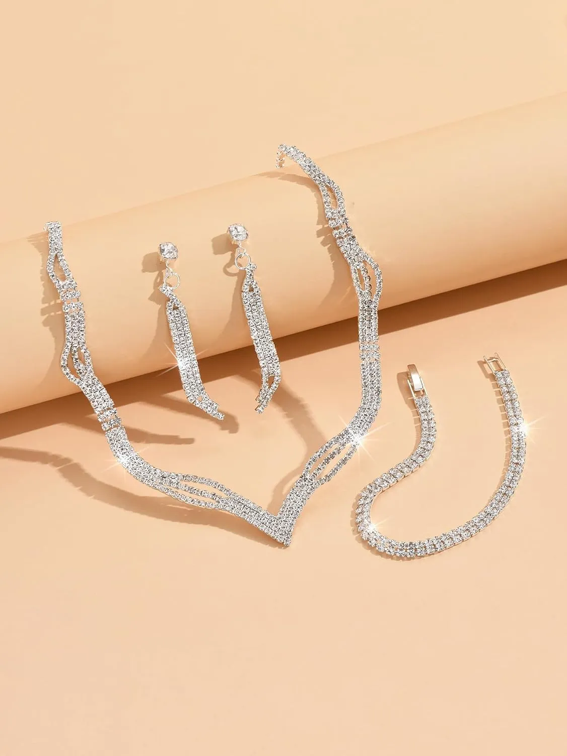 Prom Earrings Necklace Bracelet Set Elegant Crystal Necklace Earrings Bracelet Bridal Wedding Prom Costume Jewelry Sets for Women