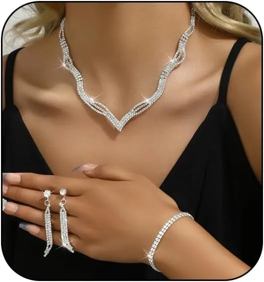 Prom Earrings Necklace Bracelet Set Elegant Crystal Necklace Earrings Bracelet Bridal Wedding Prom Costume Jewelry Sets for Women