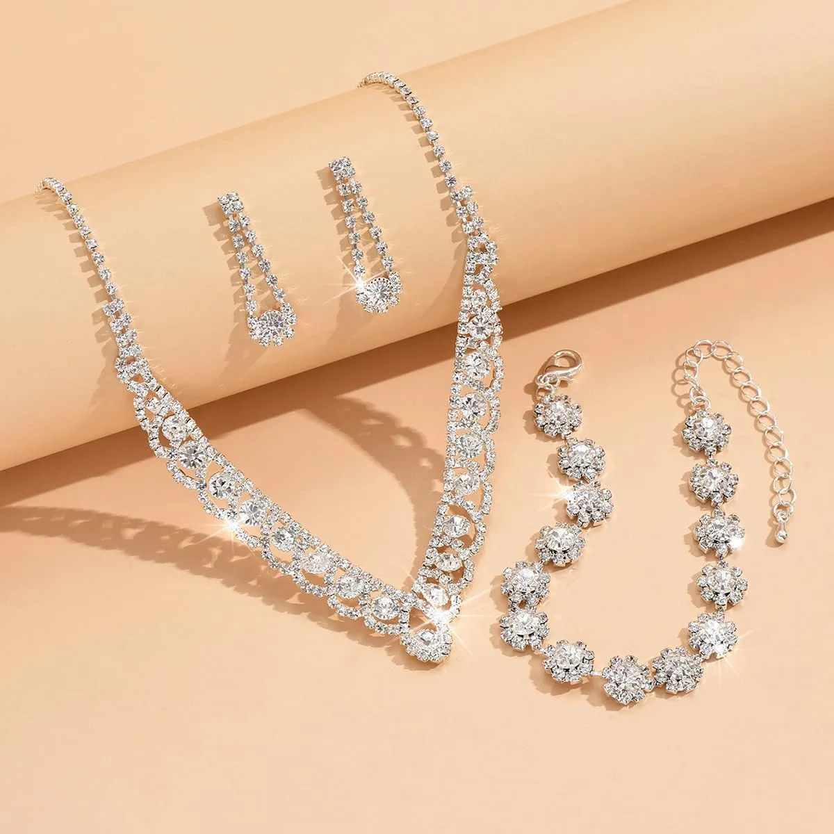 Prom Earrings Necklace Bracelet Set Elegant Crystal Necklace Earrings Bracelet Bridal Wedding Prom Costume Jewelry Sets for Women