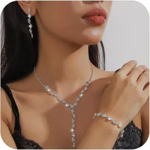 Prom Earrings Necklace Bracelet Set Prom Jewelry Sets Silver Bride Jewelry Set for Wedding Bridesmaid Accessories Elegant Crystal Wedding Prom Jewelry for Women