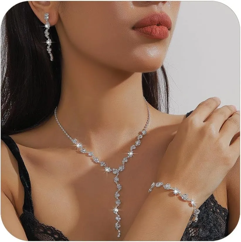 Prom Earrings Necklace Bracelet Set Prom Jewelry Sets Silver Bride Jewelry Set for Wedding Bridesmaid Accessories Elegant Crystal Wedding Prom Jewelry for Women