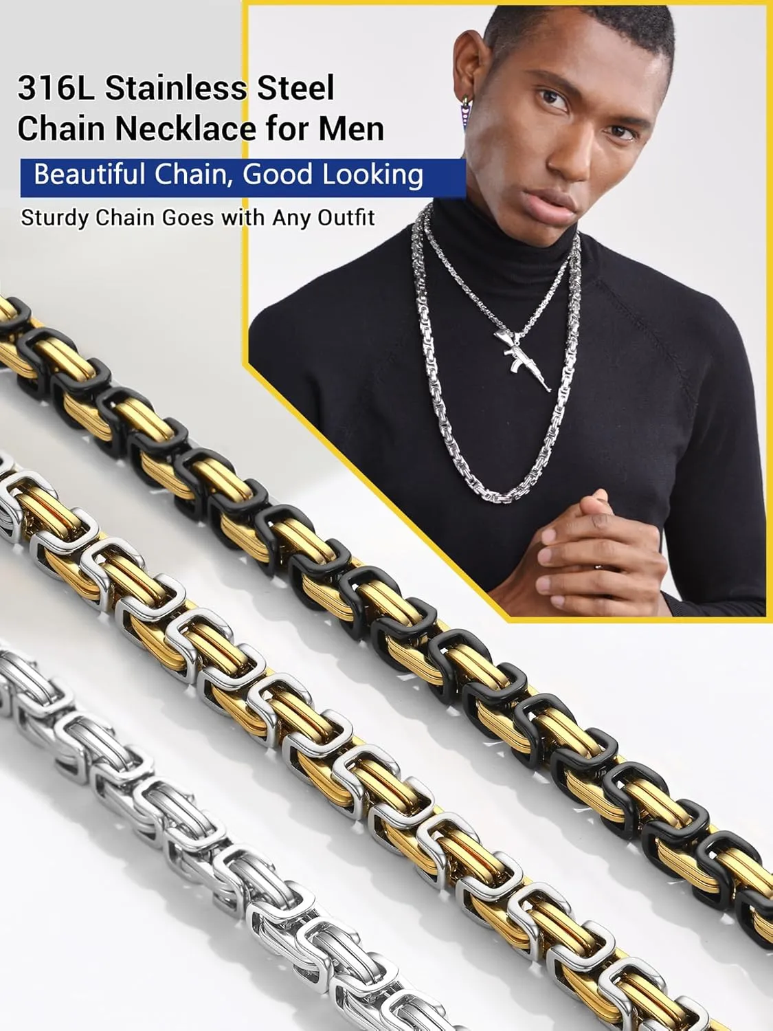 PROSTEEL 4MM/6MM/8MM Stainless Steel Necklace for Men, Stylish and Cool, Byzantine Chain Black Gold Silver Tone, 18-30 Inches, Come with Box