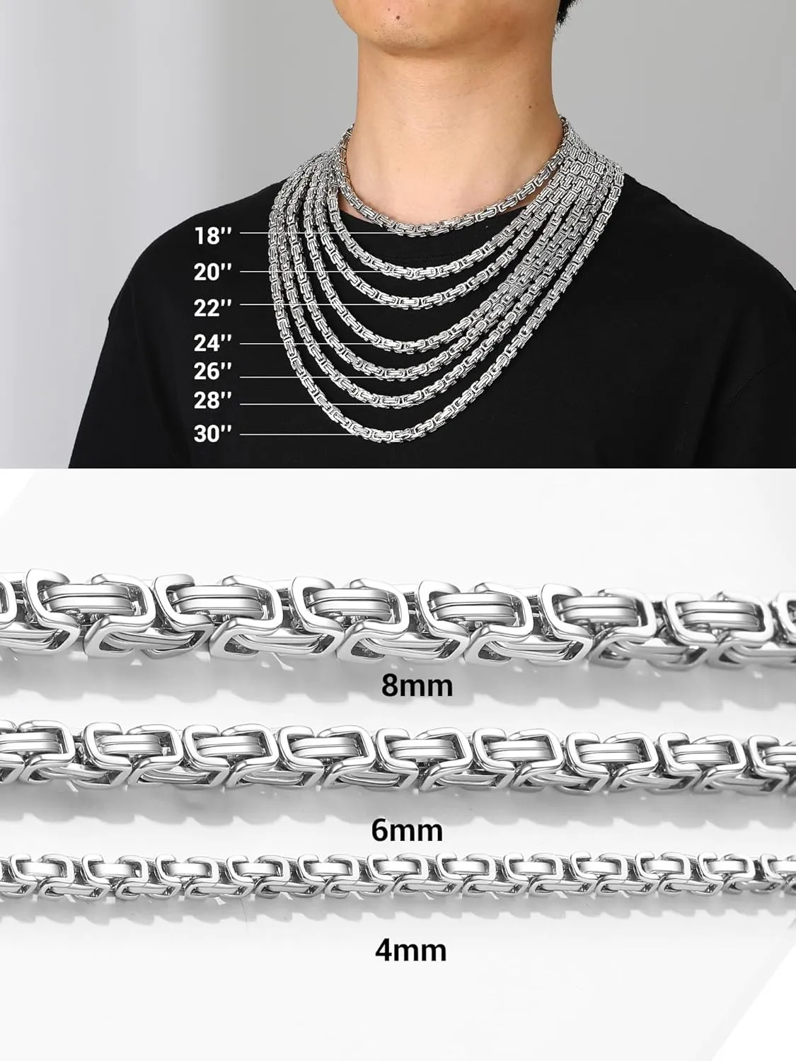 PROSTEEL 4MM/6MM/8MM Stainless Steel Necklace for Men, Stylish and Cool, Byzantine Chain Black Gold Silver Tone, 18-30 Inches, Come with Box