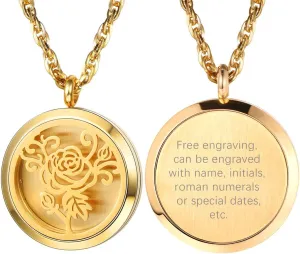 PROSTEEL Personalized Customize Diffuser Aromatherapy Necklace,Perfume Locket Pendant Charm,Delicate Rose Flower Women Jewelry,18K Gold Plated