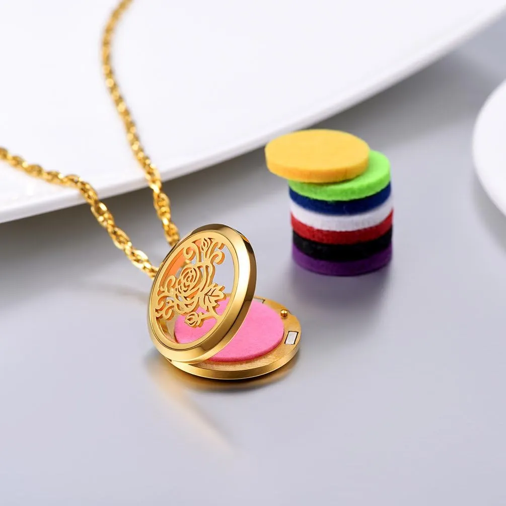 PROSTEEL Personalized Customize Diffuser Aromatherapy Necklace,Perfume Locket Pendant Charm,Delicate Rose Flower Women Jewelry,18K Gold Plated