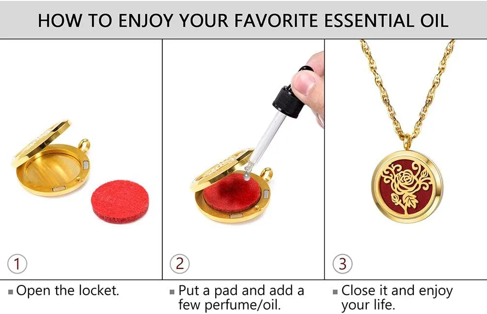 PROSTEEL Personalized Customize Diffuser Aromatherapy Necklace,Perfume Locket Pendant Charm,Delicate Rose Flower Women Jewelry,18K Gold Plated