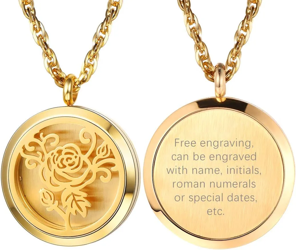 PROSTEEL Personalized Customize Diffuser Aromatherapy Necklace,Perfume Locket Pendant Charm,Delicate Rose Flower Women Jewelry,18K Gold Plated