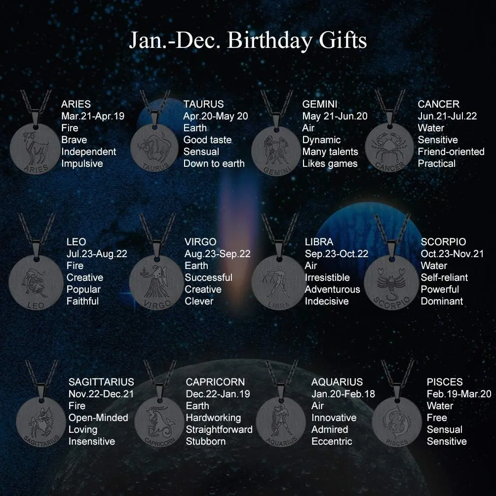PROSTEEL Stainless Steel Zodiac Star Sign Constellation Horoscope Pendant Necklace Idea Men Women