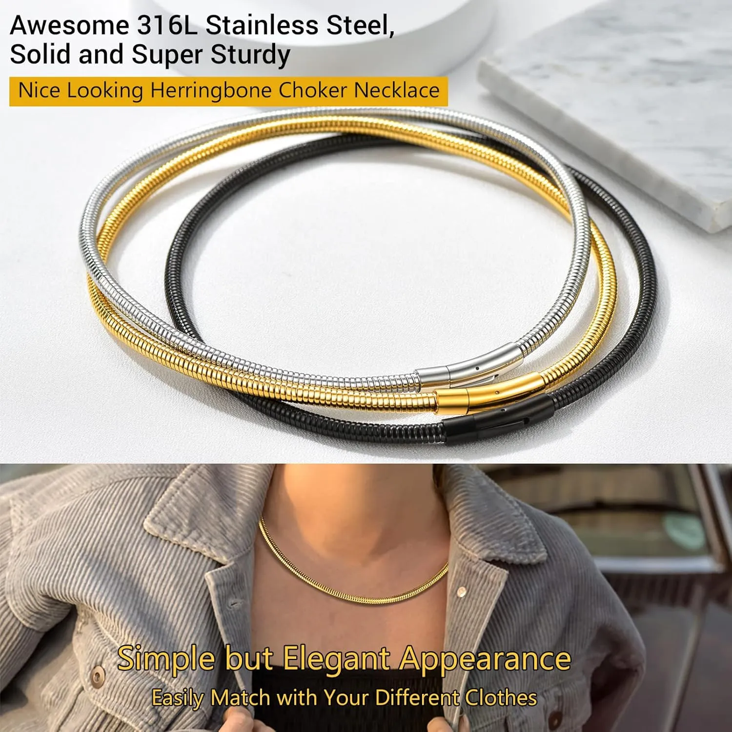 PROSTEEL Stylish Herringbone Snake Chain Necklace for Women, Minimalist 5mm Thick Chain, 16''/18'', Silver/Gold/Black Tone, Come with Box