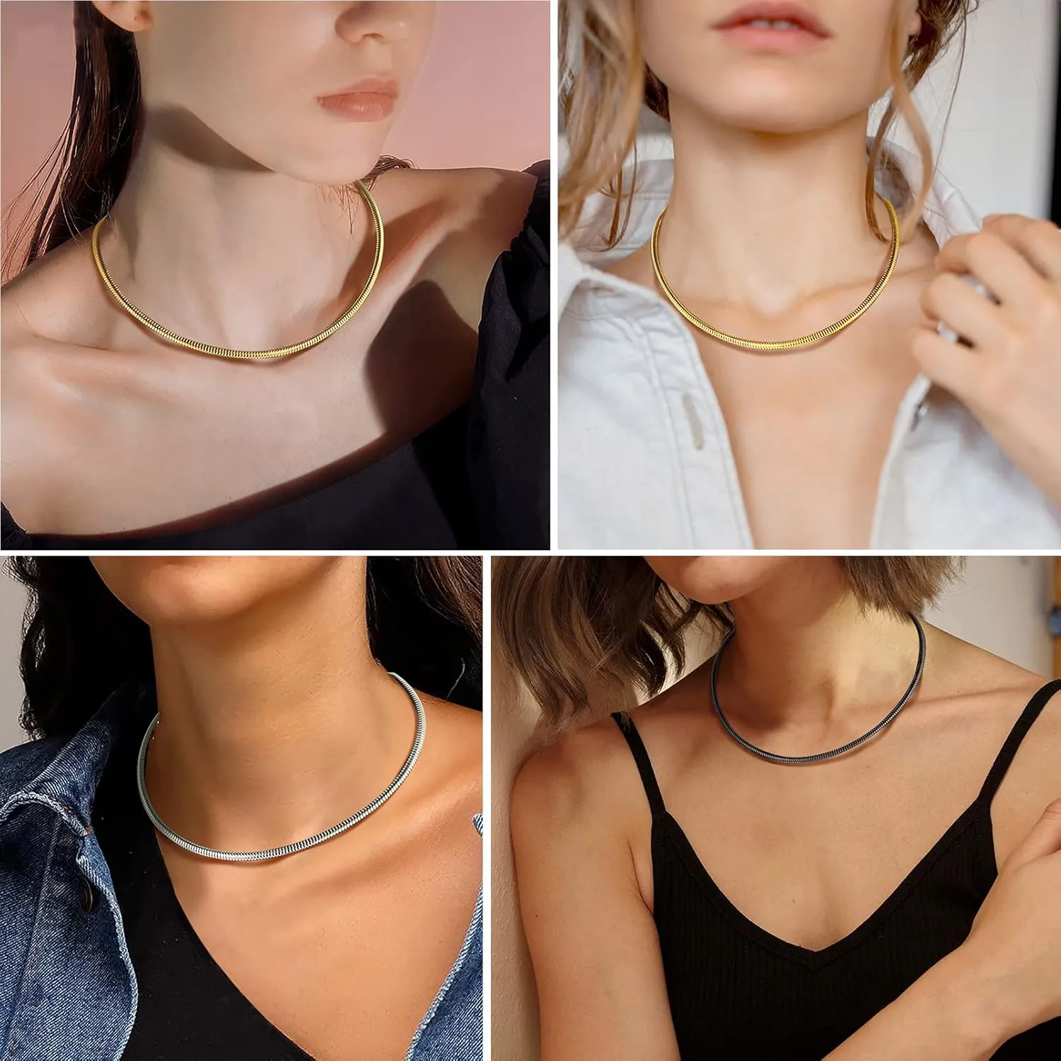 PROSTEEL Stylish Herringbone Snake Chain Necklace for Women, Minimalist 5mm Thick Chain, 16''/18'', Silver/Gold/Black Tone, Come with Box