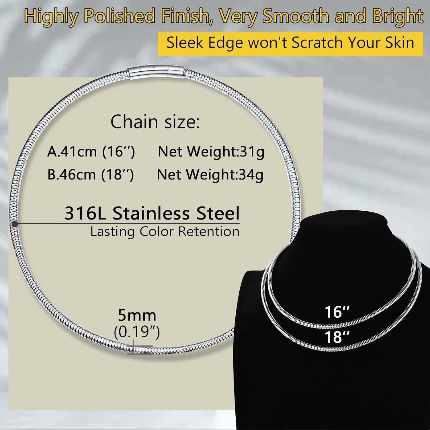 PROSTEEL Stylish Herringbone Snake Chain Necklace for Women, Minimalist 5mm Thick Chain, 16''/18'', Silver/Gold/Black Tone, Come with Box
