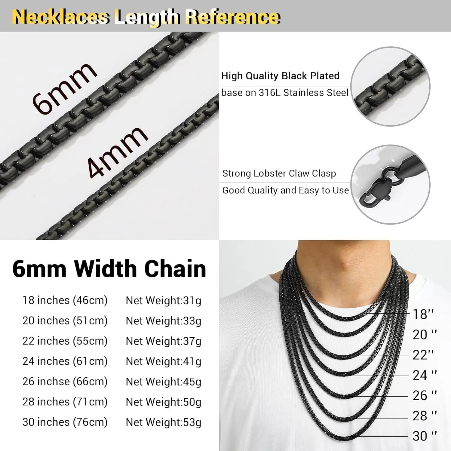 PROSTEEL Stylish Stainless Steel Round Link Chain Necklace for Men, 2mm/4mm/6mm. Silver/Gold/Black Tone, Hypoallergenic Jewelry, 14"-30", Come with Box