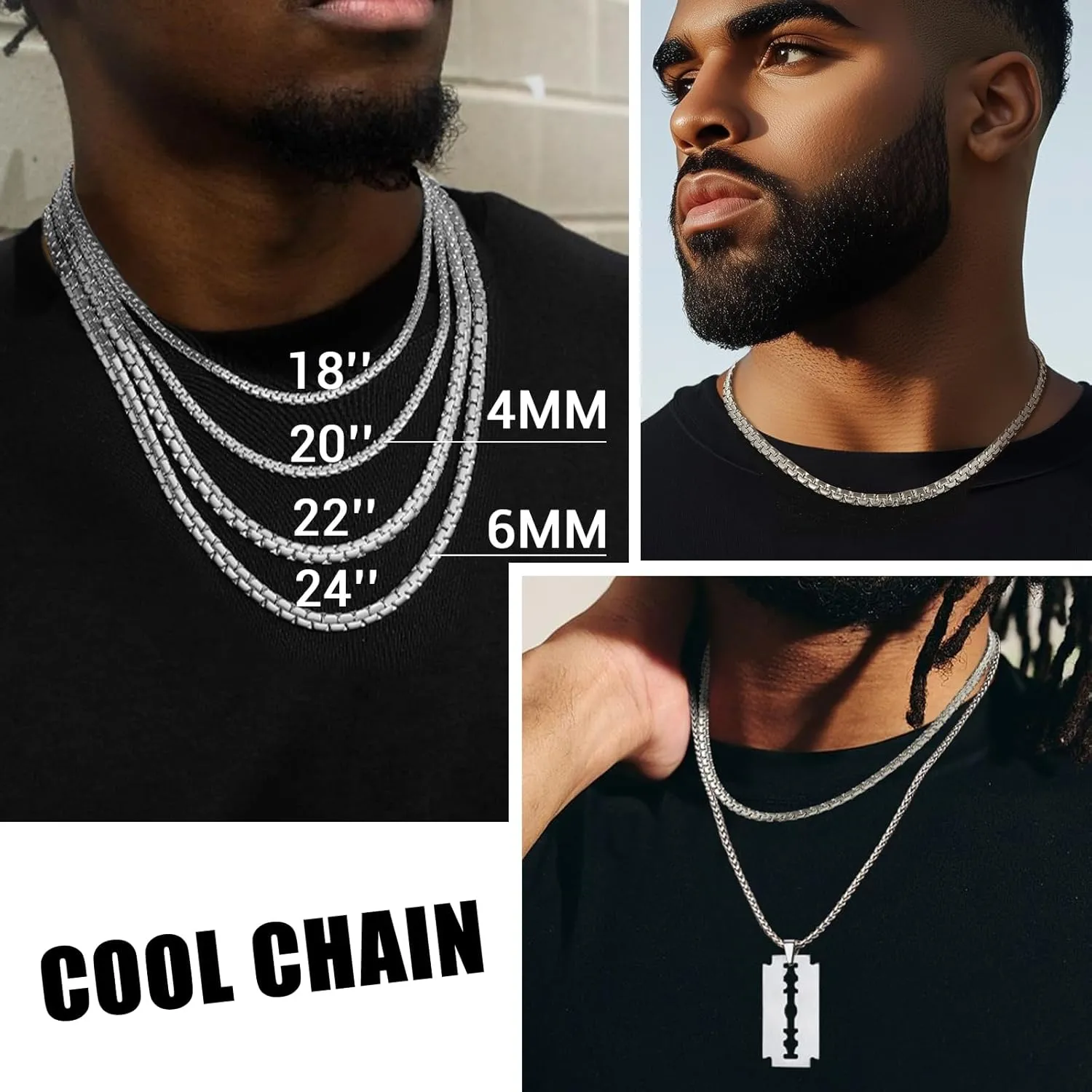 PROSTEEL Stylish Stainless Steel Round Link Chain Necklace for Men, 2mm/4mm/6mm. Silver/Gold/Black Tone, Hypoallergenic Jewelry, 14"-30", Come with Box