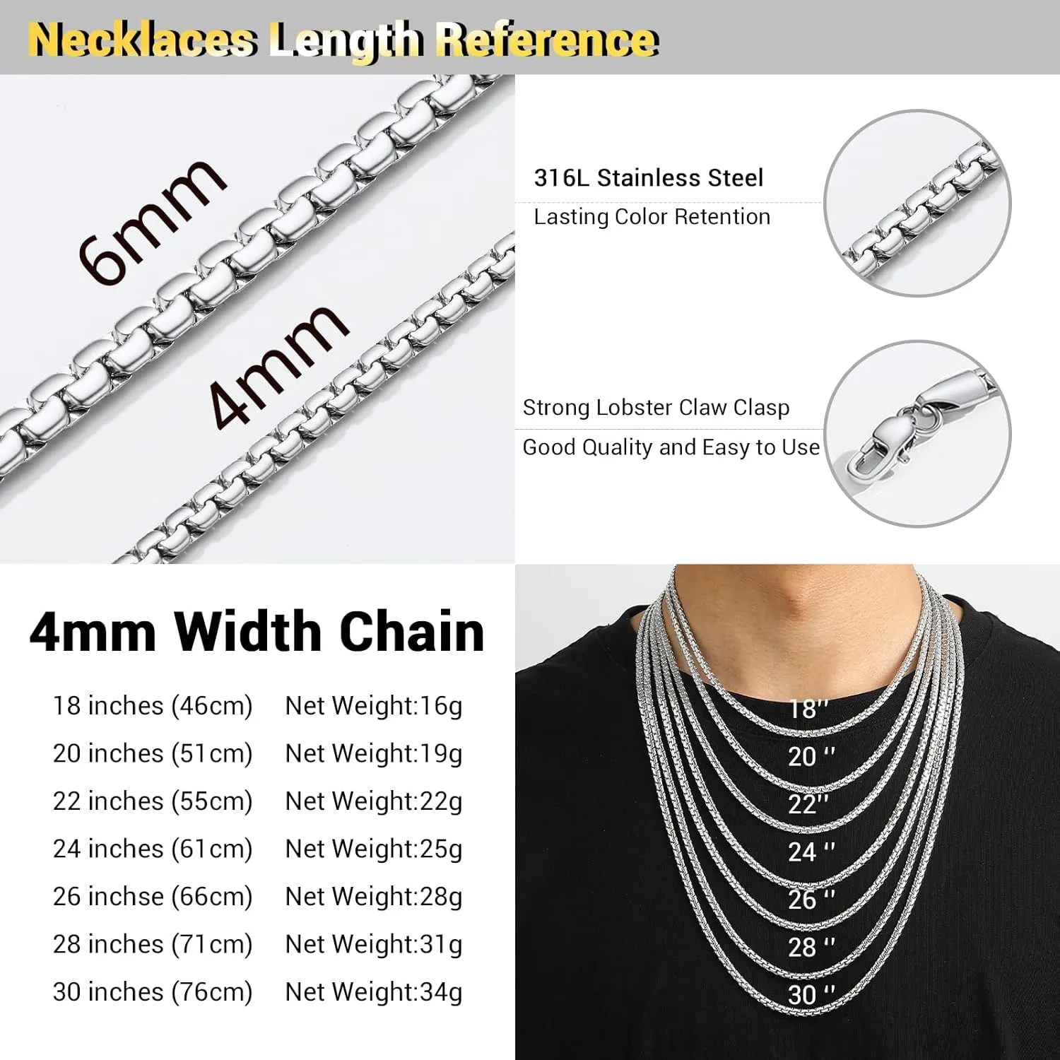 PROSTEEL Stylish Stainless Steel Round Link Chain Necklace for Men, 2mm/4mm/6mm. Silver/Gold/Black Tone, Hypoallergenic Jewelry, 14"-30", Come with Box