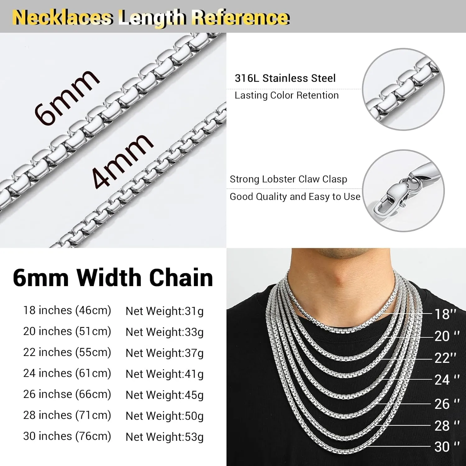 PROSTEEL Stylish Stainless Steel Round Link Chain Necklace for Men, 2mm/4mm/6mm. Silver/Gold/Black Tone, Hypoallergenic Jewelry, 14"-30", Come with Box