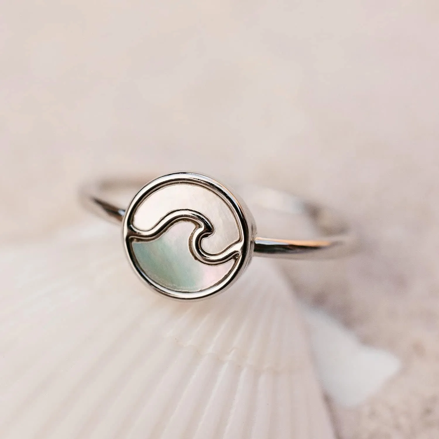 Pura Vida Silver, Rose Gold, or Gold Encinitas Handmade Ring - Mother of Pearl Inlay Ring Jewelry, Brass Base with Rhodium Plating - Cute Rings, Boho Jewelry for Women - Size 5-9