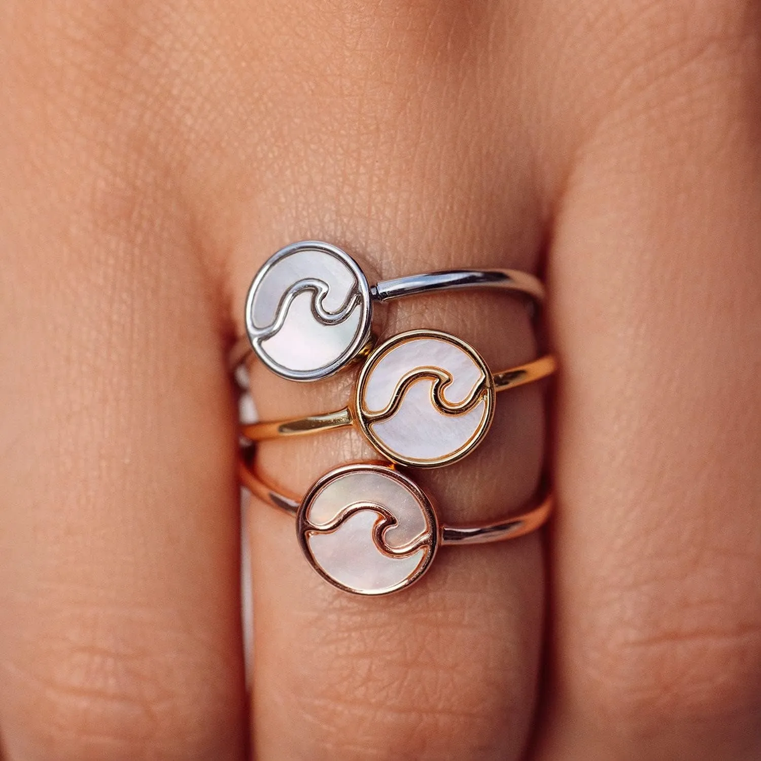 Pura Vida Silver, Rose Gold, or Gold Encinitas Handmade Ring - Mother of Pearl Inlay Ring Jewelry, Brass Base with Rhodium Plating - Cute Rings, Boho Jewelry for Women - Size 5-9