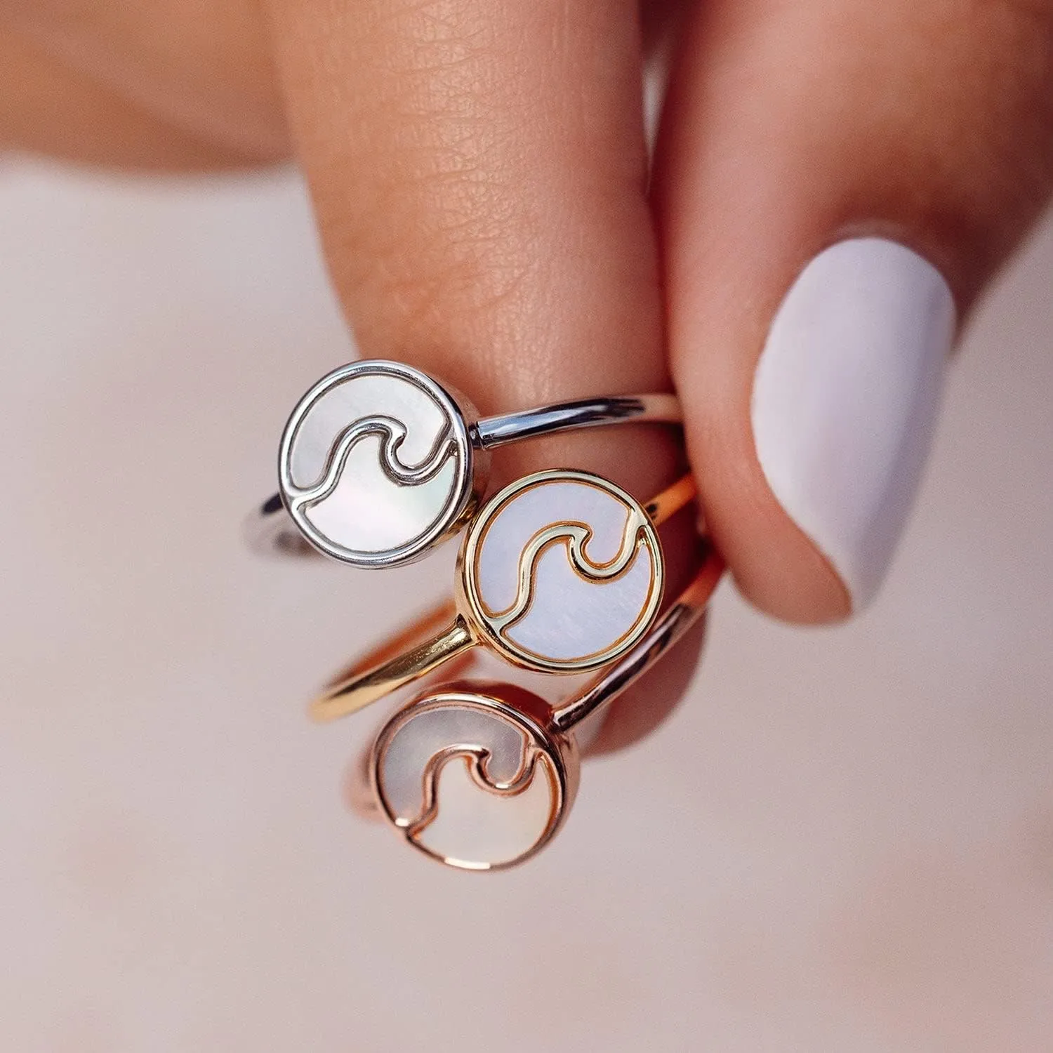 Pura Vida Silver, Rose Gold, or Gold Encinitas Handmade Ring - Mother of Pearl Inlay Ring Jewelry, Brass Base with Rhodium Plating - Cute Rings, Boho Jewelry for Women - Size 5-9