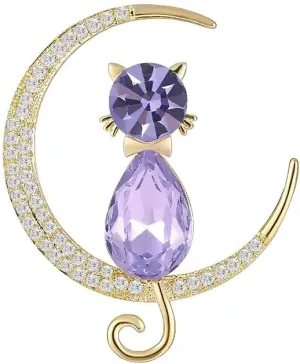 Purple CZ Cat Rhinestone Moon Brooch Pin for Women Girls Cute Gold Plated Sparkly Crystal Animal Kitten Crescent Brooches Lapel Pins for Dresses Suit Hat Bag
