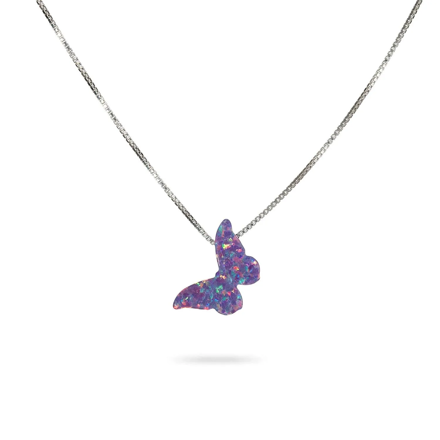 Purple Lilac Opal Butterfly Necklace Gift for Women Girl Teens Delicate Synthetic Opal jewelry Sterling Silver 925 Box Chain 16" extension