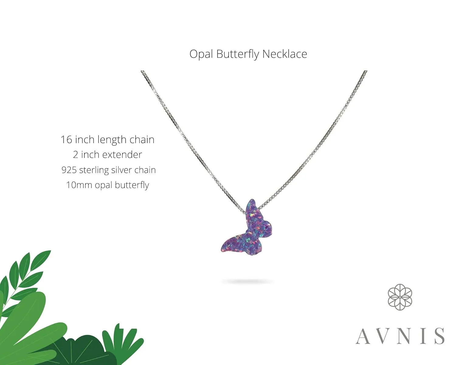 Purple Lilac Opal Butterfly Necklace Gift for Women Girl Teens Delicate Synthetic Opal jewelry Sterling Silver 925 Box Chain 16" extension