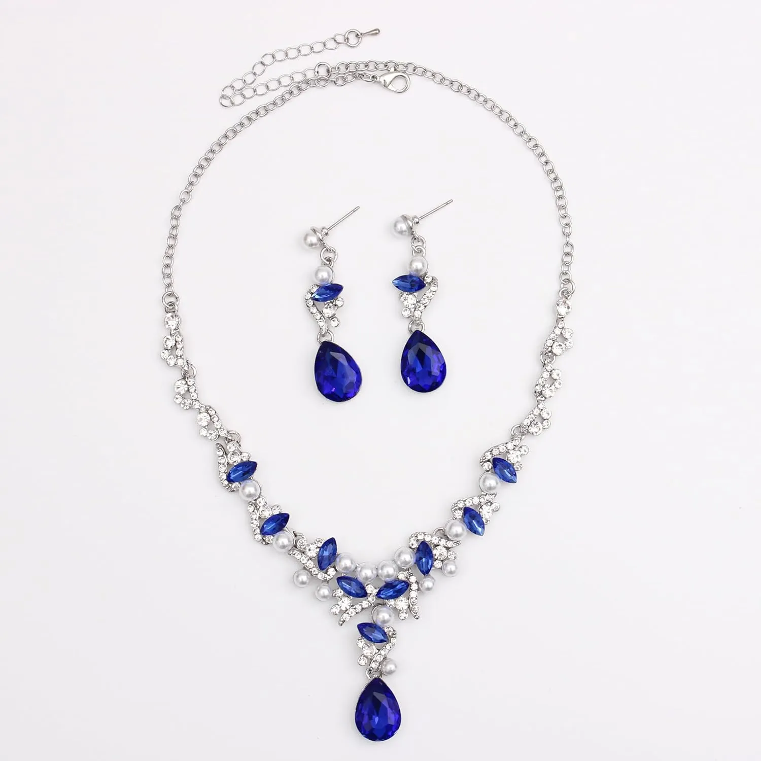 QLLYHLH Elegant Austrian Crystal Wedding Jewelry Set Pearls Crystal Necklace Teardrop Earrings Link Bracelet Brides Bridesmaid Prom Party Evening Dress Accessories for Woman