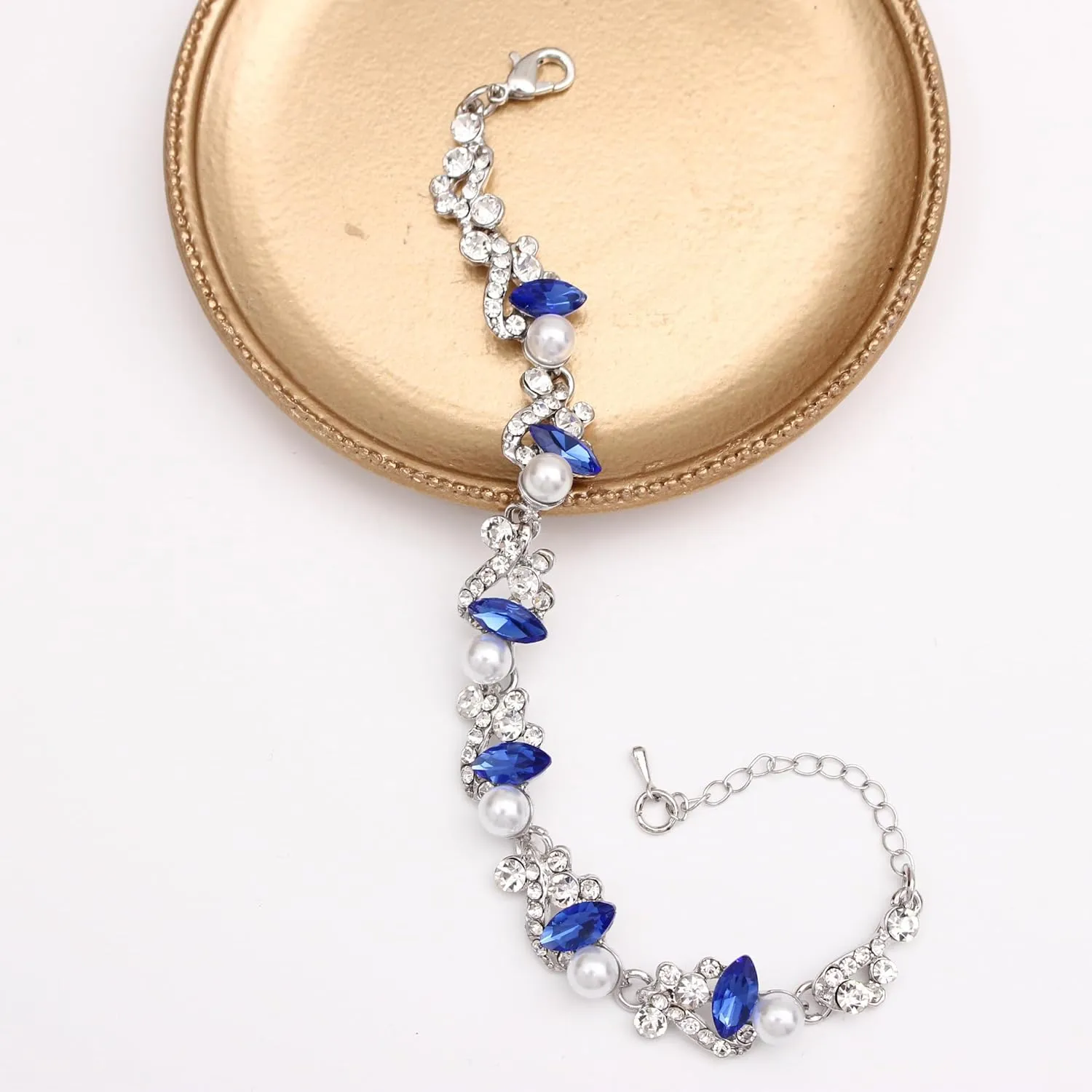 QLLYHLH Elegant Austrian Crystal Wedding Jewelry Set Pearls Crystal Necklace Teardrop Earrings Link Bracelet Brides Bridesmaid Prom Party Evening Dress Accessories for Woman