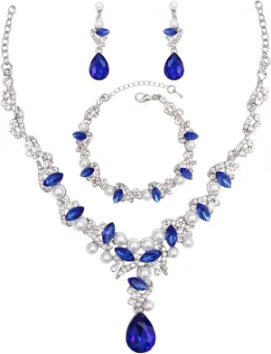 QLLYHLH Elegant Austrian Crystal Wedding Jewelry Set Pearls Crystal Necklace Teardrop Earrings Link Bracelet Brides Bridesmaid Prom Party Evening Dress Accessories for Woman