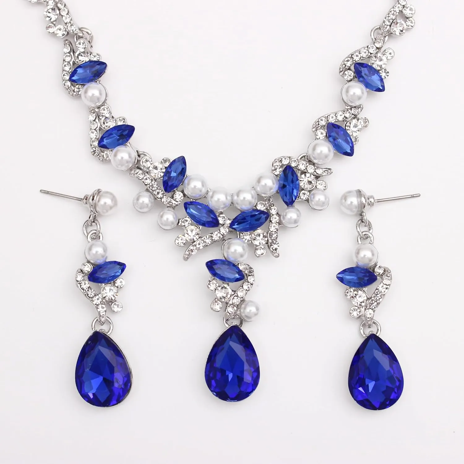 QLLYHLH Elegant Austrian Crystal Wedding Jewelry Set Pearls Crystal Necklace Teardrop Earrings Link Bracelet Brides Bridesmaid Prom Party Evening Dress Accessories for Woman