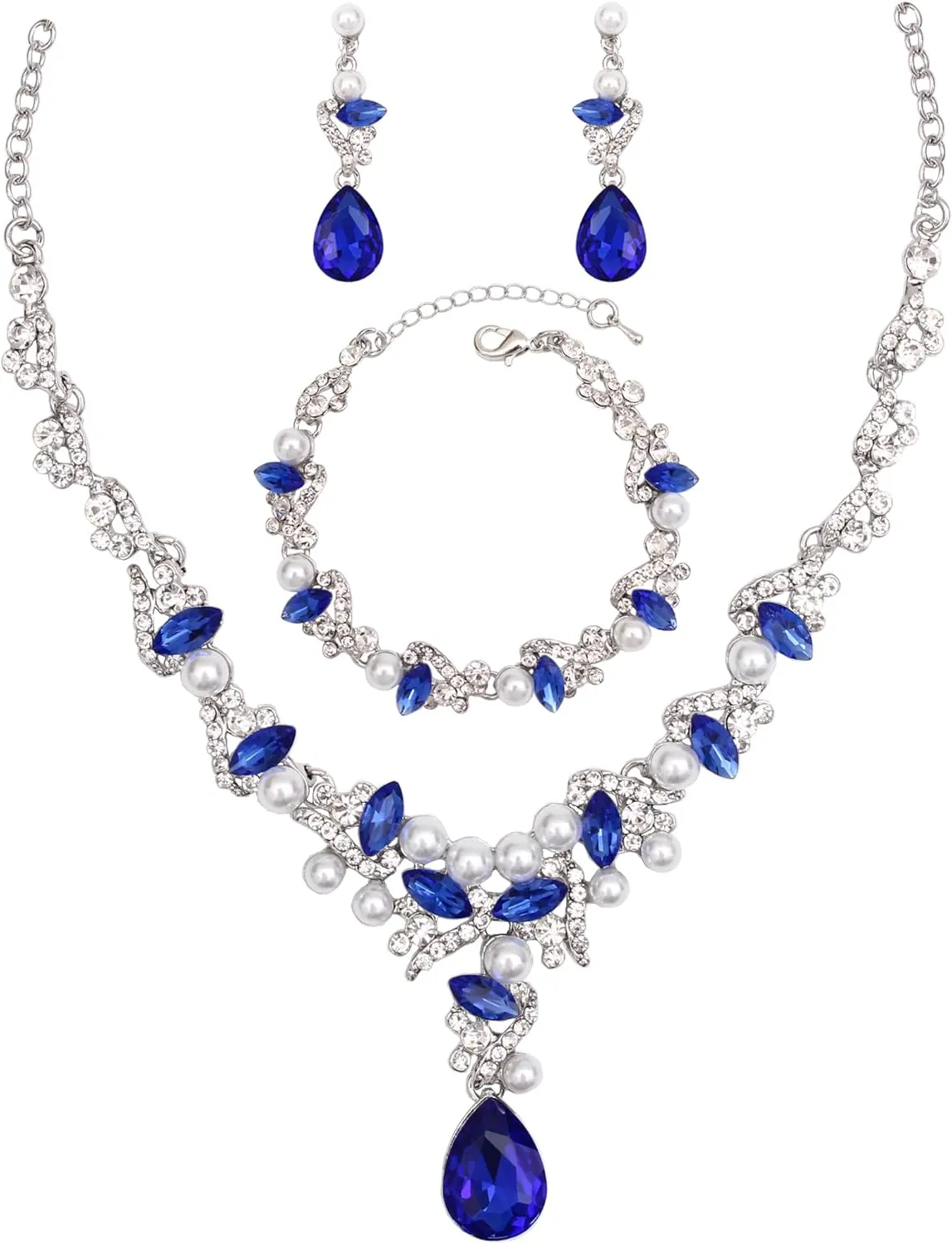 QLLYHLH Elegant Austrian Crystal Wedding Jewelry Set Pearls Crystal Necklace Teardrop Earrings Link Bracelet Brides Bridesmaid Prom Party Evening Dress Accessories for Woman