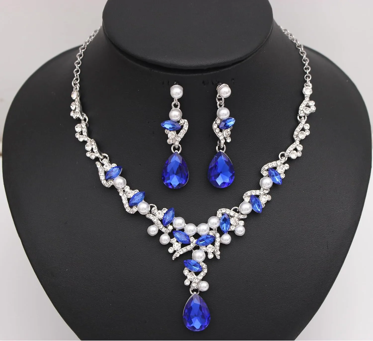 QLLYHLH Elegant Austrian Crystal Wedding Jewelry Set Pearls Crystal Necklace Teardrop Earrings Link Bracelet Brides Bridesmaid Prom Party Evening Dress Accessories for Woman