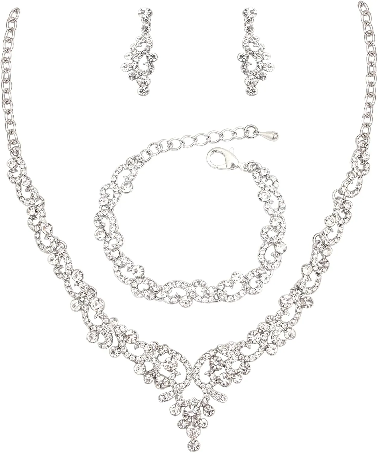 QLLYHLH Elegant Wedding Jewelry Set Austrian Crystal Necklace Dangle Earrings Link Bracelet Brides Bridesmaid Prom Costume Party Events Accessories for Woman