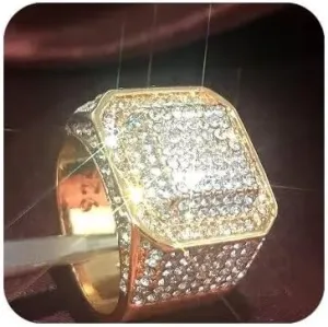 QUSIIOSLK 925 Sterling Silver Luxury Full Diamond Square Ring Iced Out Cubic Zirconia Rhinestone Ring Hip Hop Rock Gold Plated Bling Statement Ring Wide Band for Men (Size-7)