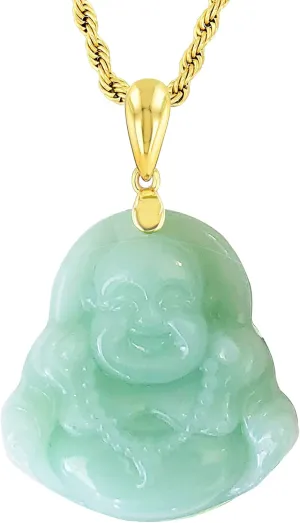 Real Simulated Pink Jade Mens Women Luck Happy Green Jade Buddha Pendant Laughing Buddha Statue Gold Rope Chain Necklace Pendant Certified Grade A Jadeite Jade Hand Crafted