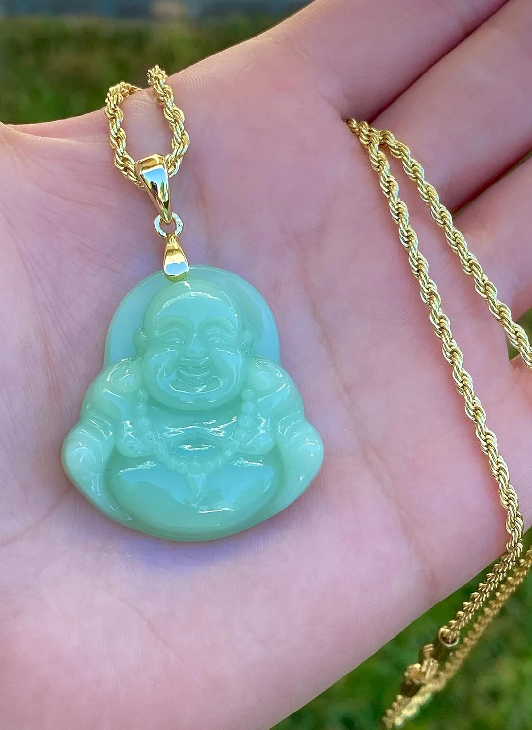 Real Simulated Pink Jade Mens Women Luck Happy Green Jade Buddha Pendant Laughing Buddha Statue Gold Rope Chain Necklace Pendant Certified Grade A Jadeite Jade Hand Crafted
