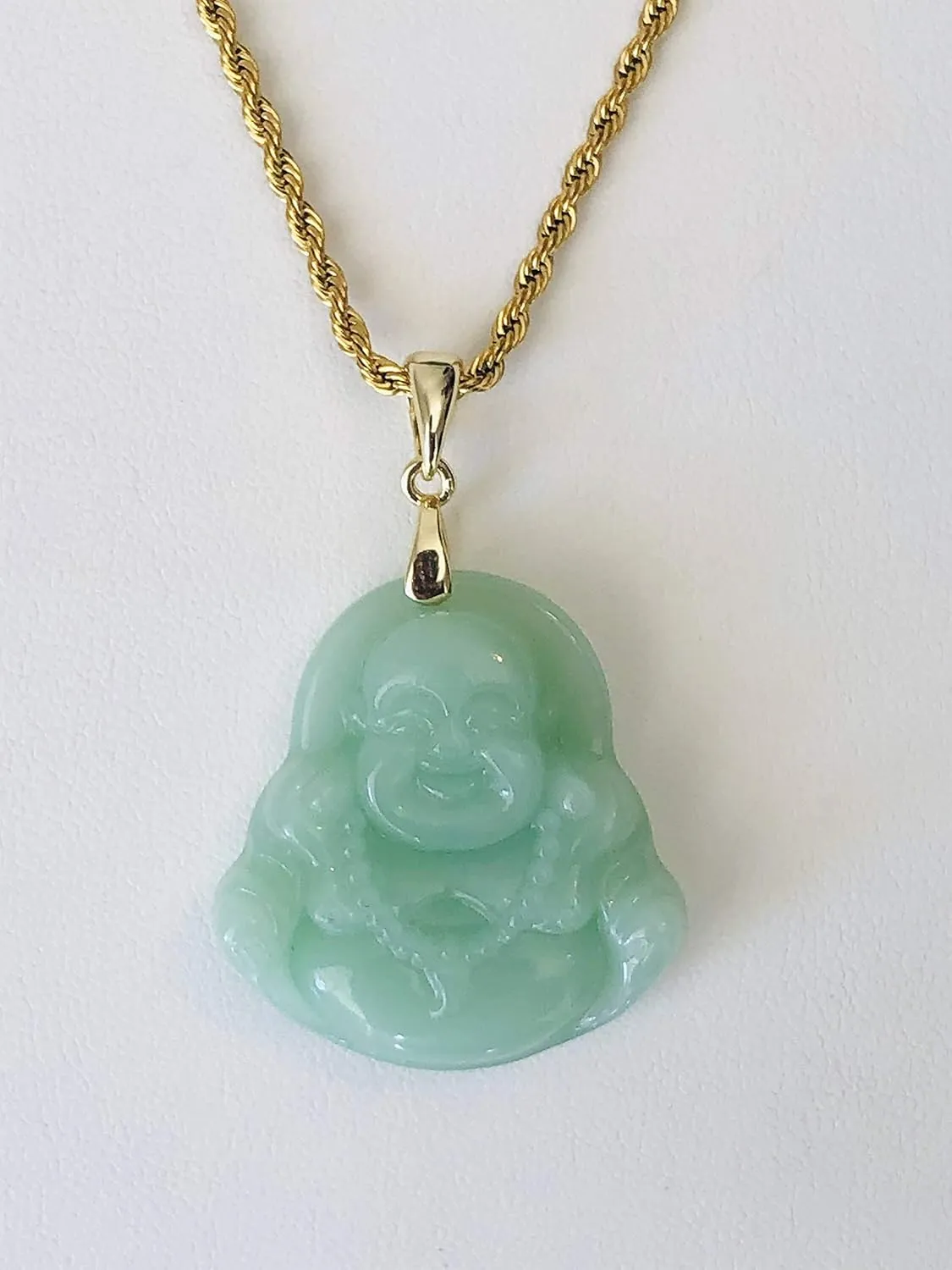 Real Simulated Pink Jade Mens Women Luck Happy Green Jade Buddha Pendant Laughing Buddha Statue Gold Rope Chain Necklace Pendant Certified Grade A Jadeite Jade Hand Crafted