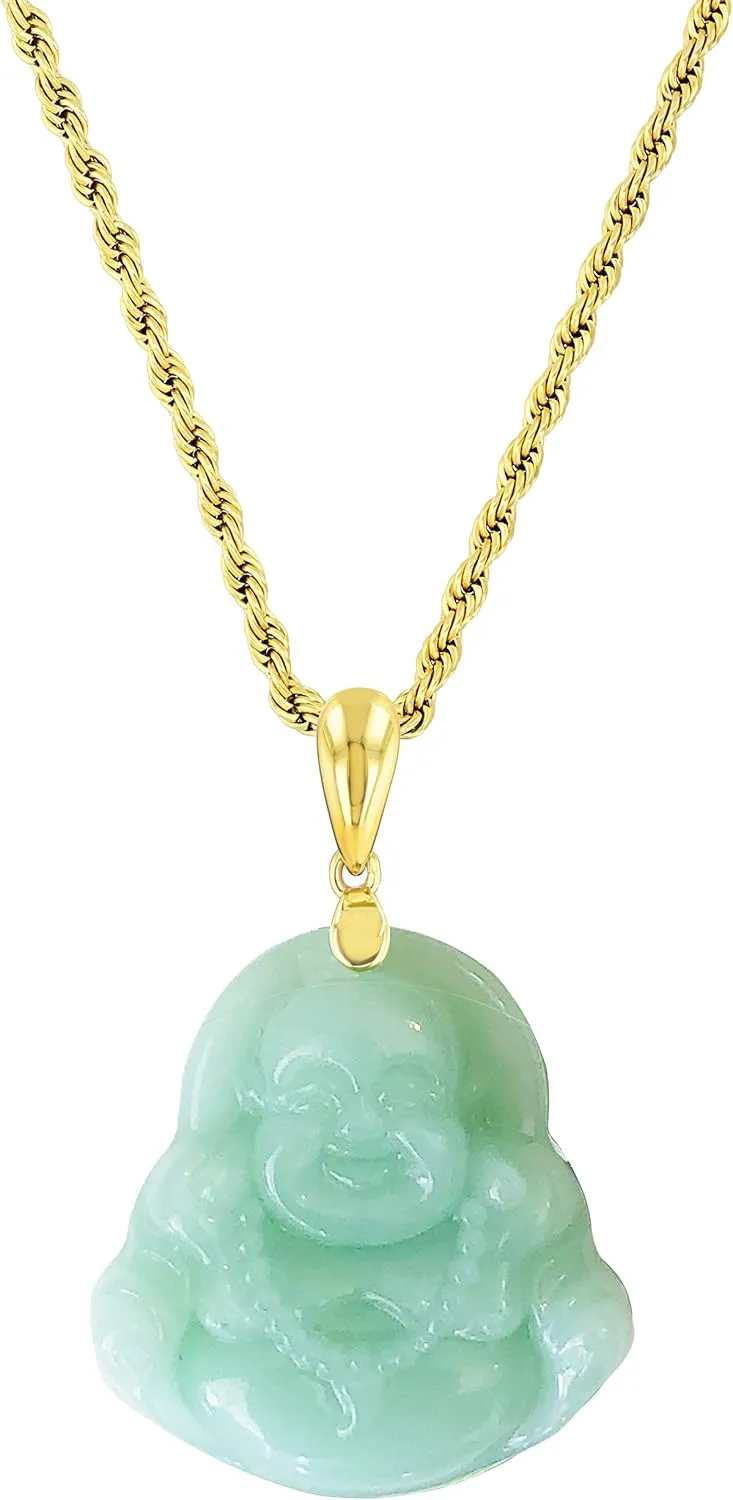Real Simulated Pink Jade Mens Women Luck Happy Green Jade Buddha Pendant Laughing Buddha Statue Gold Rope Chain Necklace Pendant Certified Grade A Jadeite Jade Hand Crafted