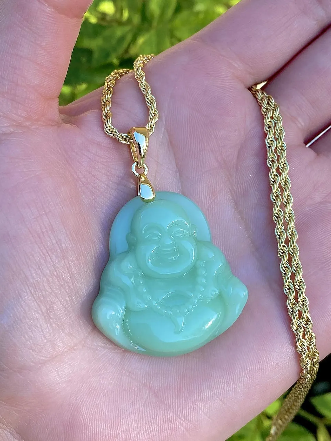 Real Simulated Pink Jade Mens Women Luck Happy Green Jade Buddha Pendant Laughing Buddha Statue Gold Rope Chain Necklace Pendant Certified Grade A Jadeite Jade Hand Crafted