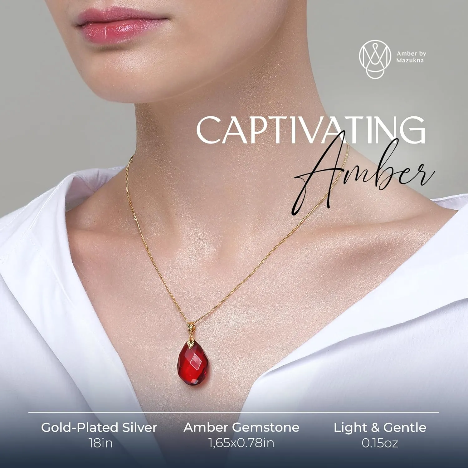 Red Amber Pendant Necklace for Women, Gold Plated Sterling Silver 925 Chain, Polished Gemstone Pendant, Dainty Womens Jewelry, 18 inch gold plated chain