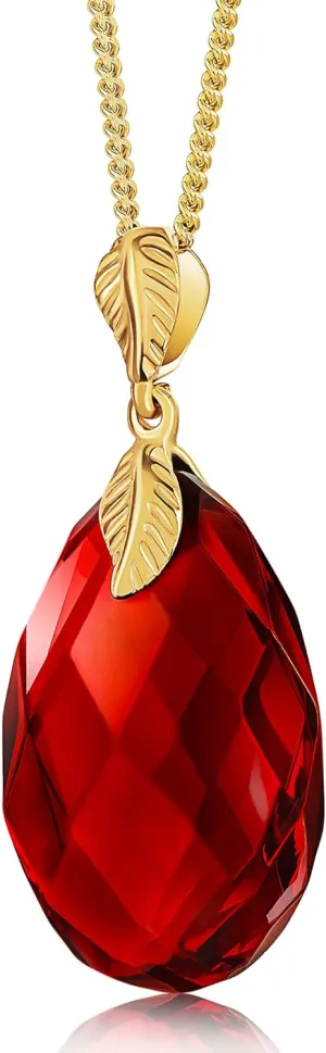 Red Amber Pendant Necklace for Women, Gold Plated Sterling Silver 925 Chain, Polished Gemstone Pendant, Dainty Womens Jewelry, 18 inch gold plated chain