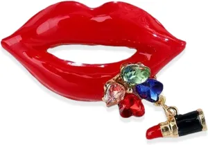 Red Crystal Lip Brooch Fashion Elegant Rhinestone Lipstick Wedding Party Brooches Pin Jewelry Accessories Valentines Gift for Women Girl Gold Plated