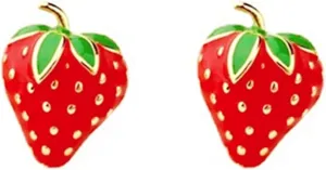 Red Strawberry Fruit Small Stud Earrings Gold Plated Funny Elegant Enamel Sweet Summer Fruits Green Leaf Lightweight Lucky Earrings for Women Birthday Christmas Party Trendy Jewelry Gifts