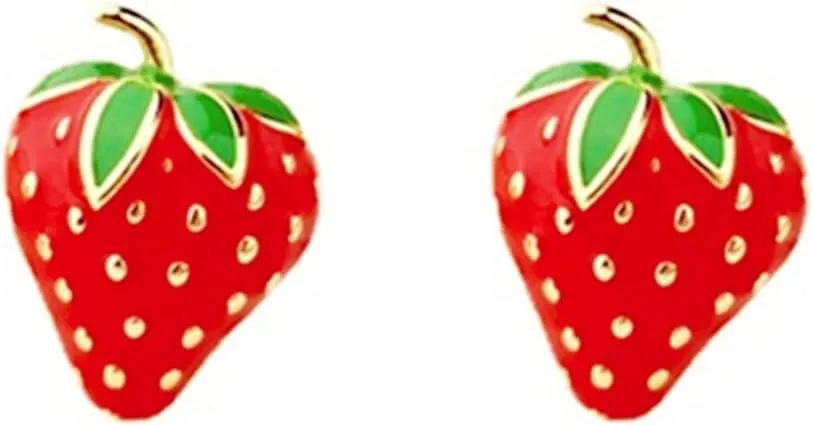 Red Strawberry Fruit Small Stud Earrings Gold Plated Funny Elegant Enamel Sweet Summer Fruits Green Leaf Lightweight Lucky Earrings for Women Birthday Christmas Party Trendy Jewelry Gifts