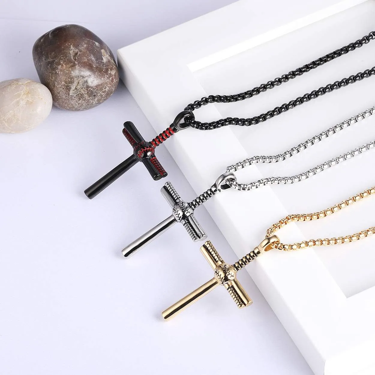 Rehoboth Baseball Bat Cross Pendant Necklace for Men Women with 22 2" Adjustable Stainless Steel Chain Black Gold Silver